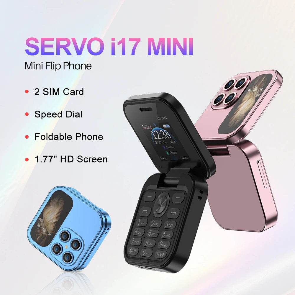 2024 NEW SERVO i17 Mini Dual SIM Small Flip Mobile Phone 2G GSM Speed Dial Magic Voice 1.77-inch Compact Foldable Celular Phones - MarvelouStoree