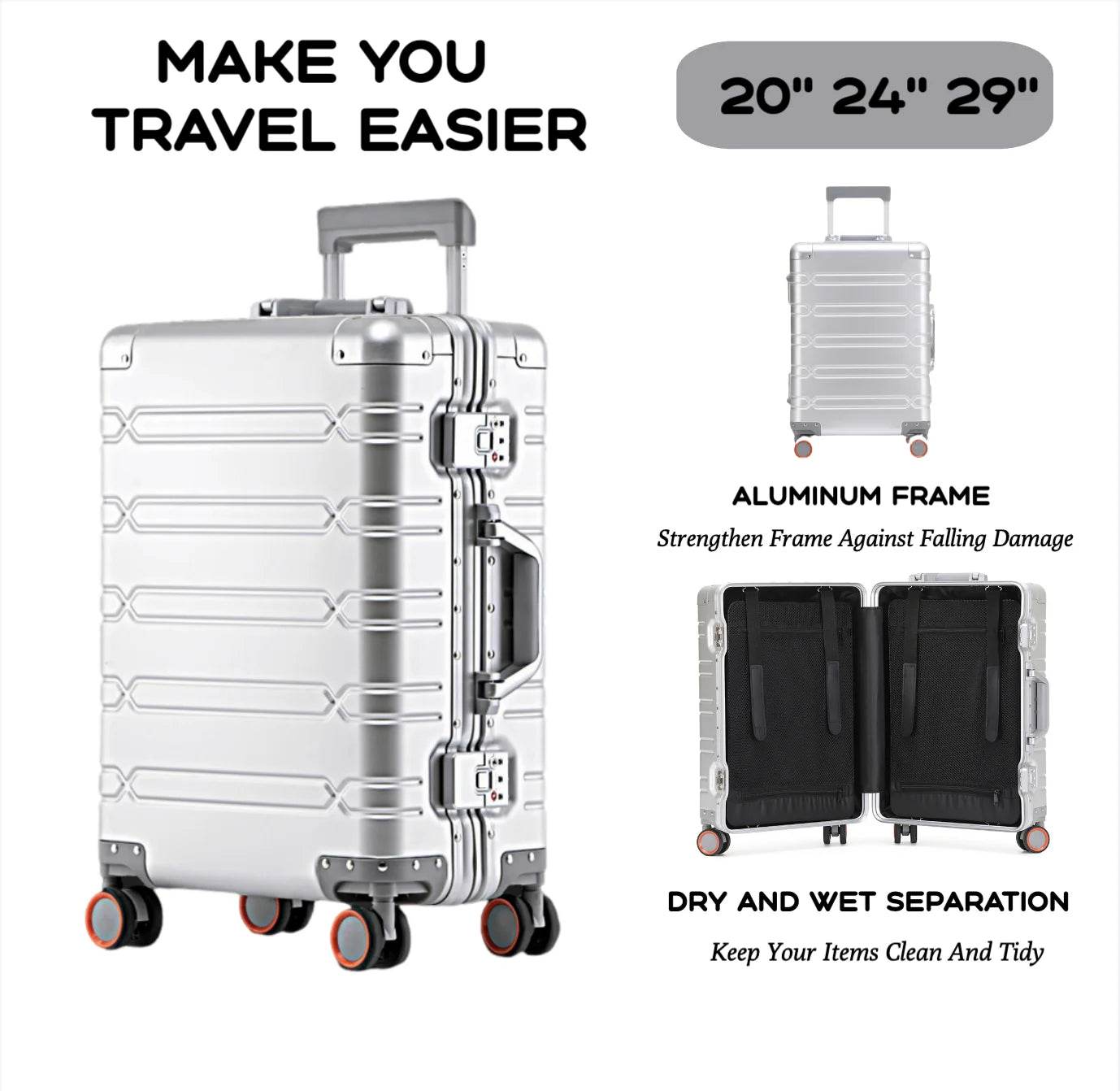 2024 New Large Capacity Durable Luggage Sets Aluminum Suitcase Women Girl Carry-On Boarding Travel 20/24/29 - MarvelouStoree