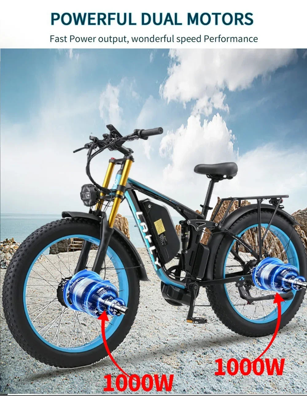 2024 New discounted 26 inch 2000W dual motor 48V 23Ah with turn signal tail light battery LAFLY T1000Pro adult electric bicycle