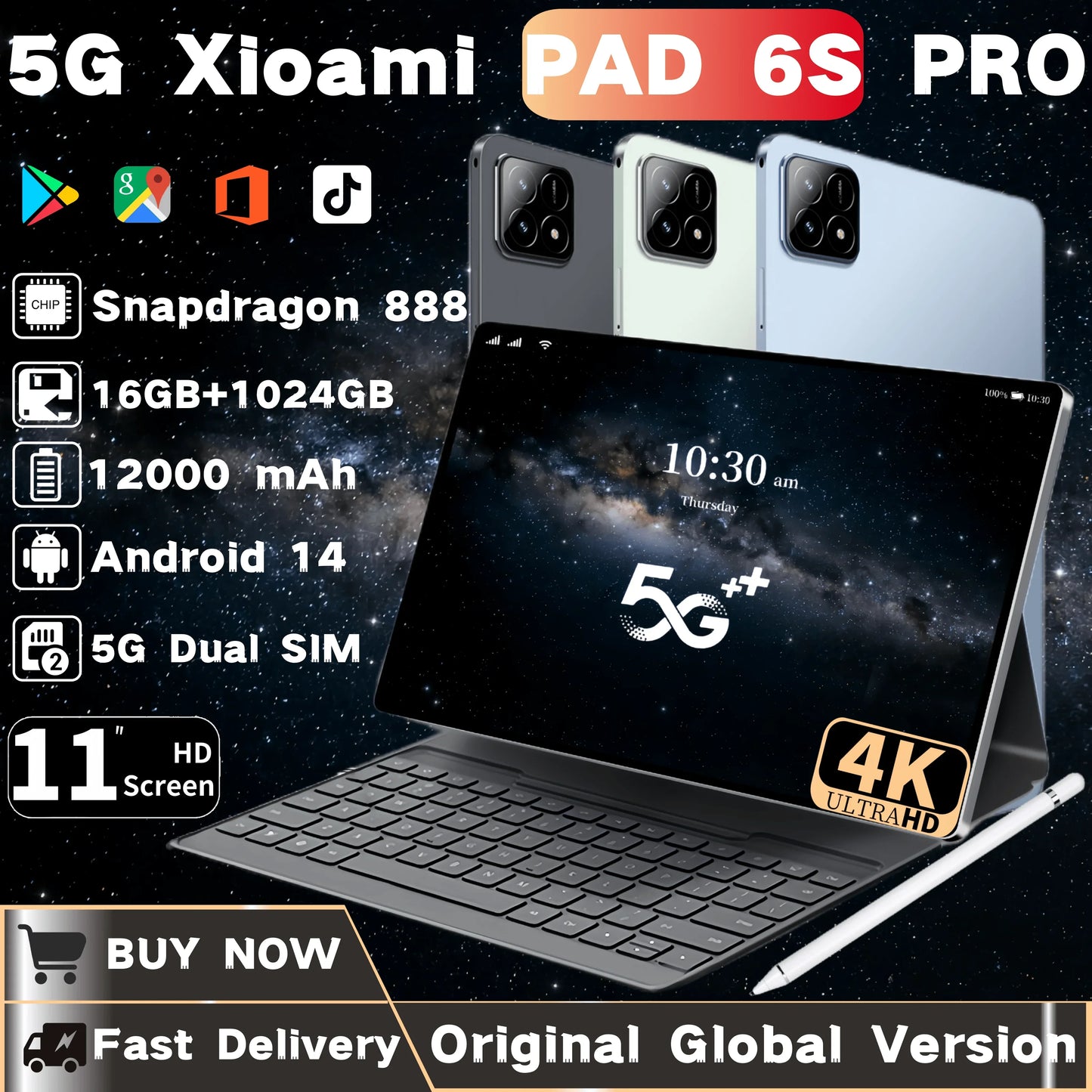 2024 Original Pad 6S Pro Tablet PC Android14 Snapdragon888 11Inch HD 16GB+1TB 12000mAh 5G Dual SIM Bluetooth WiFi GPS Mi Tables