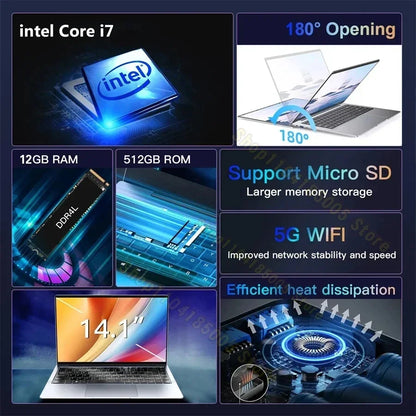 2024 Ultra Slim i7 Laptop Computer PC 14.1" intel Core i7-7500U Laptops 12GB RAM 1TB 2TB SSD Portable Laptop Notebook Windows 11