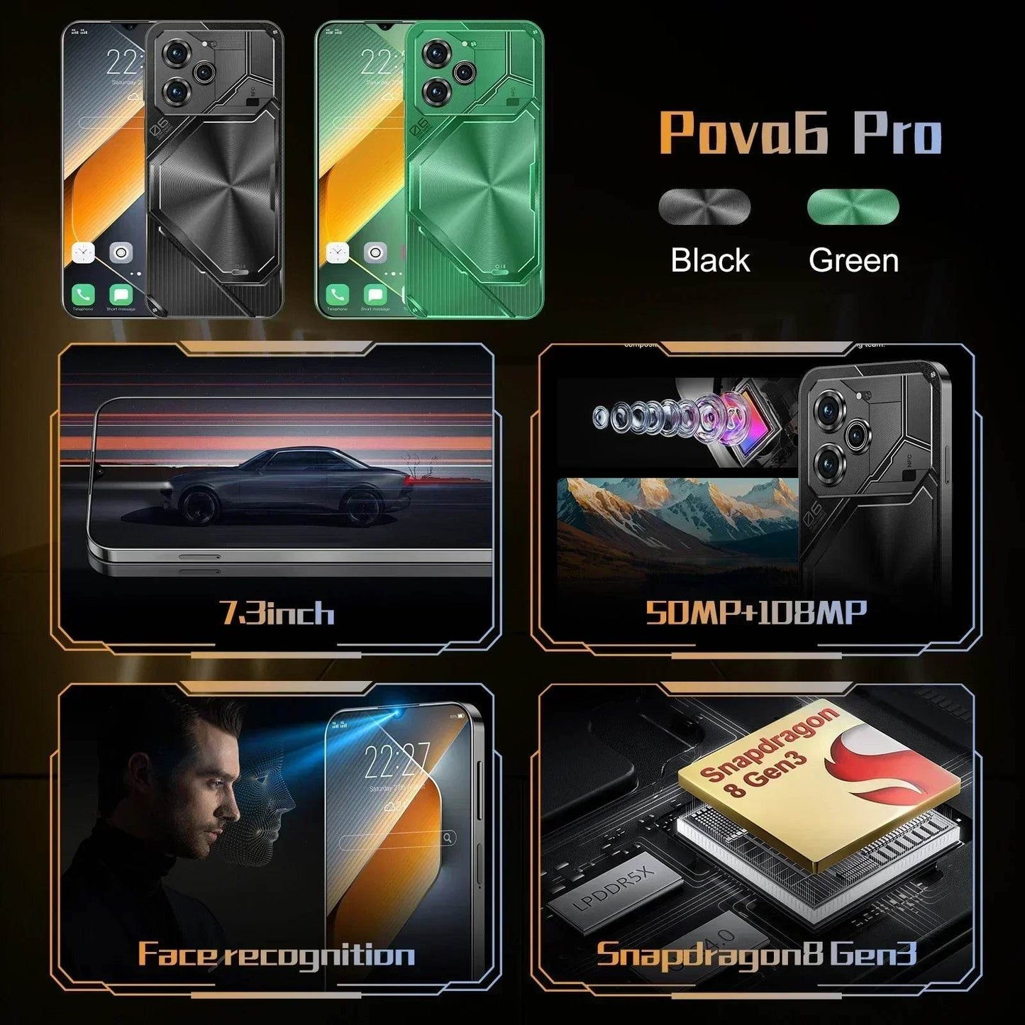 2024 smartphone Pova 6 Pro unlocks high-definition screen with a 7.3-inch 22GB+2TB 5G dual analog Celulares Android 14 8000mAh - MarvelouStoree