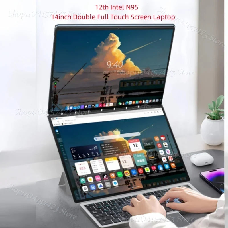 2025 Dual Screen Laptop 14+14 Inch 2K Touch Screen Notebook 16GB Intel N95 CPU 360 Degree Flip Metal Case 2 in 1 Laptop Computer