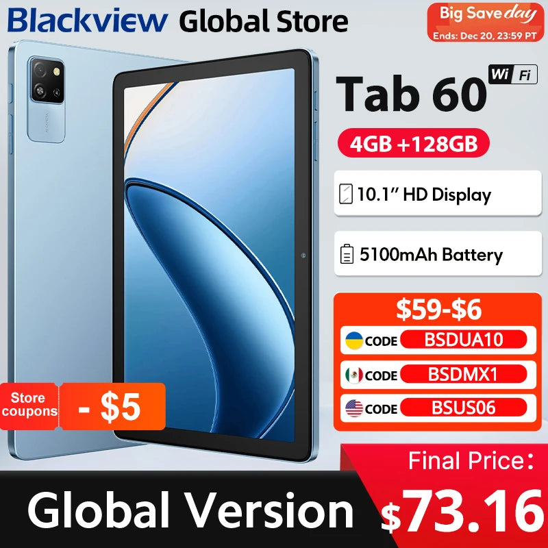 2025 New Blackview Tab 60 WIFI Tablet 10.1 Inch HD IPS Display Widevine LI Android 14 WiFi 6 4GB 128GB 5100mAh Battery PC Pad