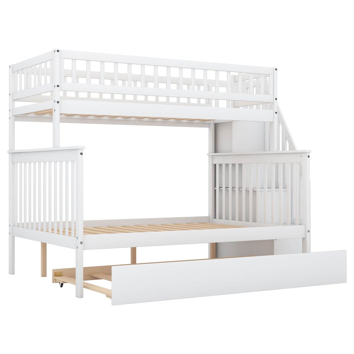 Twin over Full Bunk Bed with Trundle and Staircase White - MarvelouStoree