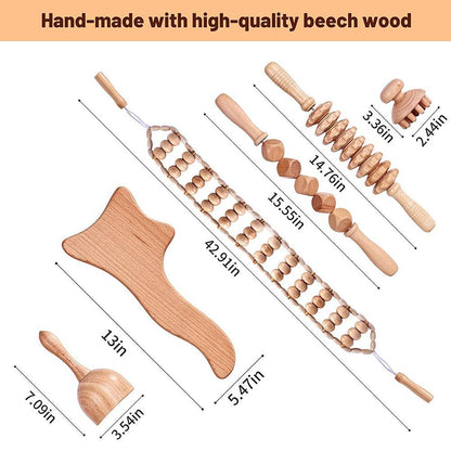 Beech wood therapy scraping cup, meridian dredging roller, tendon rolling stick, scraping board, head massager, massage set - MarvelouStoree