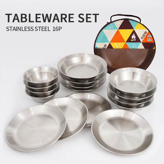 Outdoor Stainless Steel Dinner Plate Bowl 16-Piece Set Of Self-Driving Tour Portable Camping Barbecue Plate Household Soup Pot Plate - MarvelouStoree