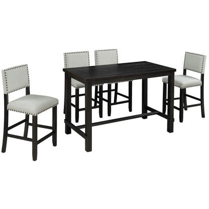 TREXM 5-Piece Counter Height Dining Set, Classic Elegant Table and 4 Chairs in Espresso and Beige - MarvelouStoree