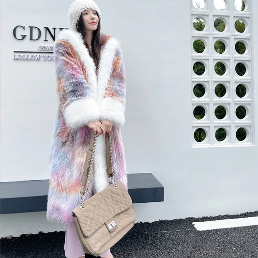 MPPM Winter Faux Fur Long Coat Women Hot Tie Dye Pink Hooded Faux Fur Coat Women With Hood Lapel Warm Thick Soft Fluffy Jacke