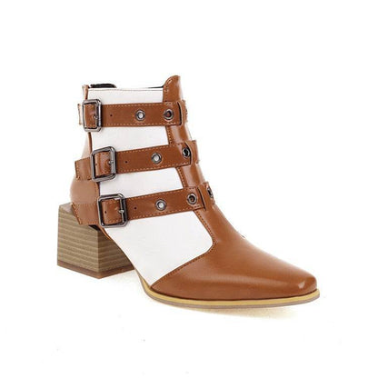 40-48 Ladies Chunky Heel Booties Colorblock Belt Buckle Back Zip Mid Heel Biker Boots - MarvelouStoree