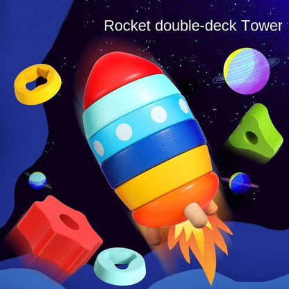 Stacked Rocket Wooden Children's Shape Matching Cognitive Geometry Toy Rainbow Tower Circle Stacked Music Collar Ring - MarvelouStoree