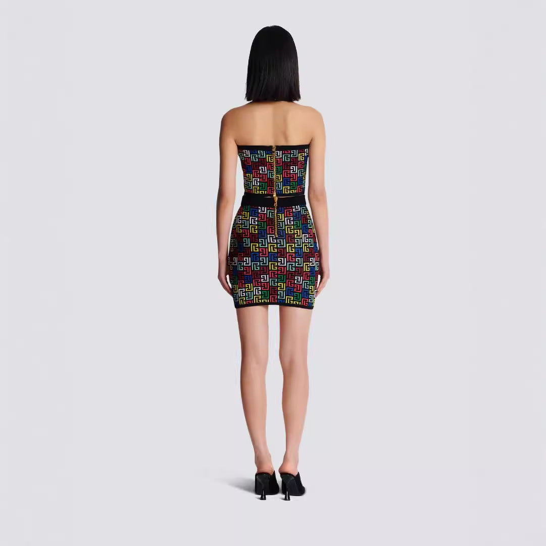 Colorful Jacquard Hanging Neck Top, Mini Skirt Set, Fashionable and Hot Party Vacation Dress