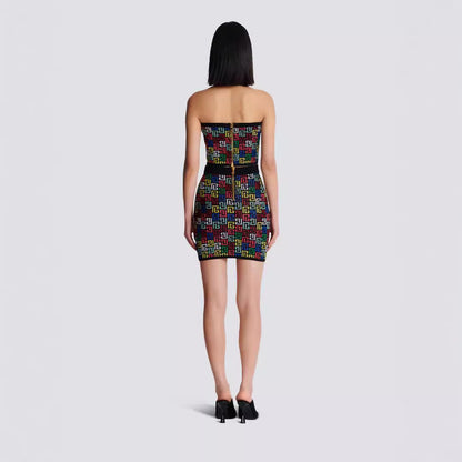 Colorful Jacquard Hanging Neck Top, Mini Skirt Set, Fashionable and Hot Party Vacation Dress