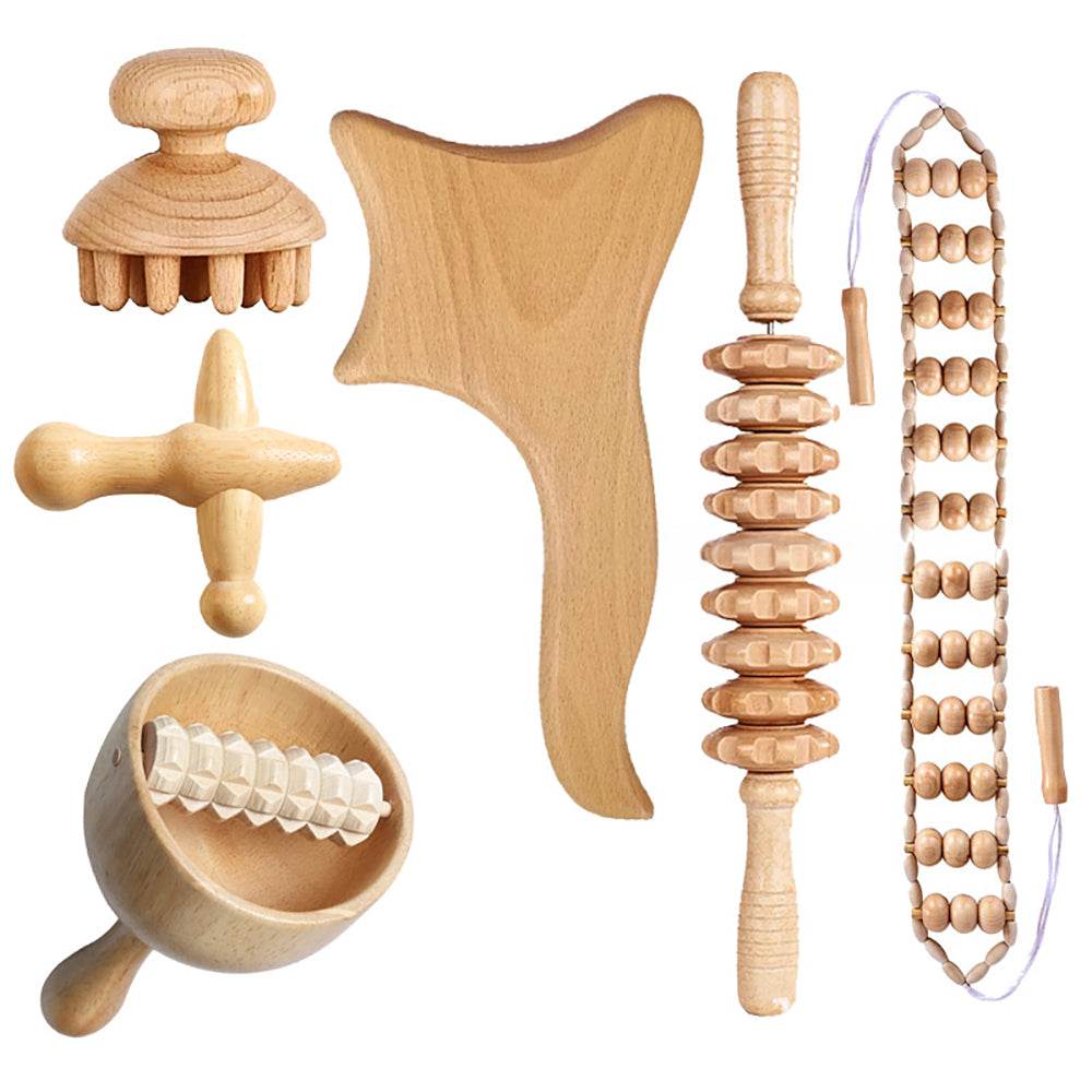 Beech wood therapy scraping cup, meridian dredging roller, tendon rolling stick, scraping board, head massager, massage set - MarvelouStoree