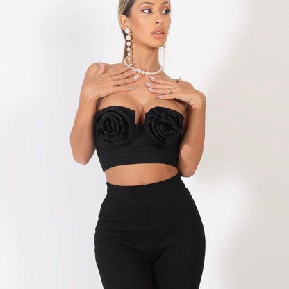 Hot black three-dimensional chest flower exposed navel strapless fashion hot and spicy vacation party outfit - MarvelouStoree