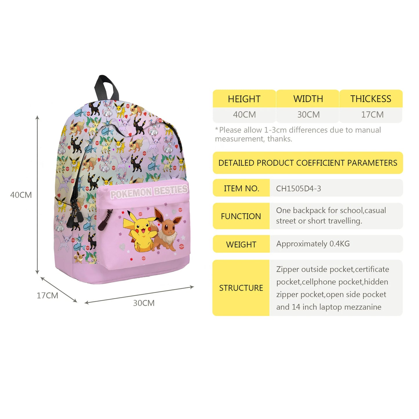 2PC Pikachu Cartoon Backpack Two-piece Pokemon Student School Bag Pencil Bag Elf Pokémon Lunch Bag Cartoon School Bag Mochila