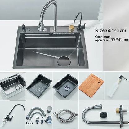 Marveloustoree 304 Stainless Steel Waterfall Kitchen Sink Large Single Slot Integrated Digital Display Faucet Set Soap Dispenser Cup Washer