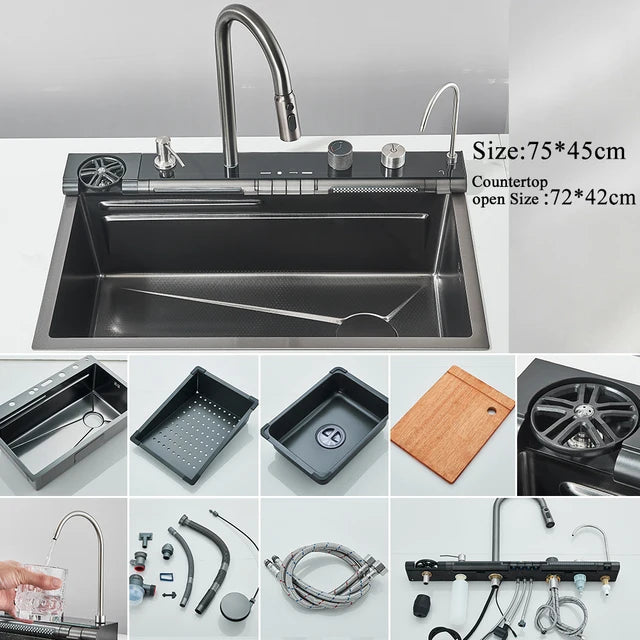 Marveloustoree 304 Stainless Steel Waterfall Kitchen Sink Large Single Slot Integrated Digital Display Faucet Set Soap Dispenser Cup Washer