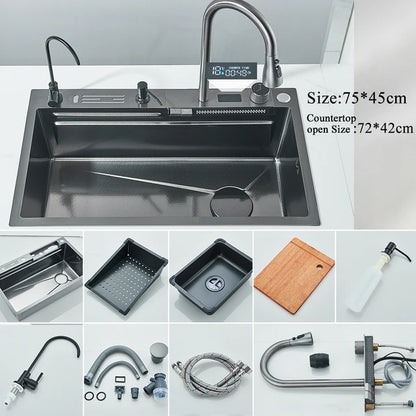 Marveloustoree 304 Stainless Steel Waterfall Kitchen Sink Large Single Slot Integrated Digital Display Faucet Set Soap Dispenser Cup Washer