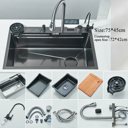 Marveloustoree 304 Stainless Steel Waterfall Kitchen Sink Large Single Slot Integrated Digital Display Faucet Set Soap Dispenser Cup Washer