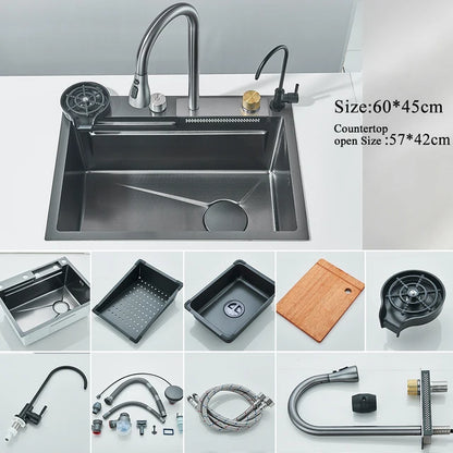 Marveloustoree 304 Stainless Steel Waterfall Kitchen Sink Large Single Slot Integrated Digital Display Faucet Set Soap Dispenser Cup Washer