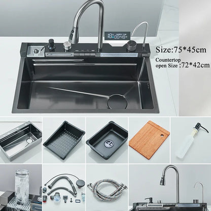 Marveloustoree 304 Stainless Steel Waterfall Kitchen Sink Large Single Slot Integrated Digital Display Faucet Set Soap Dispenser Cup Washer