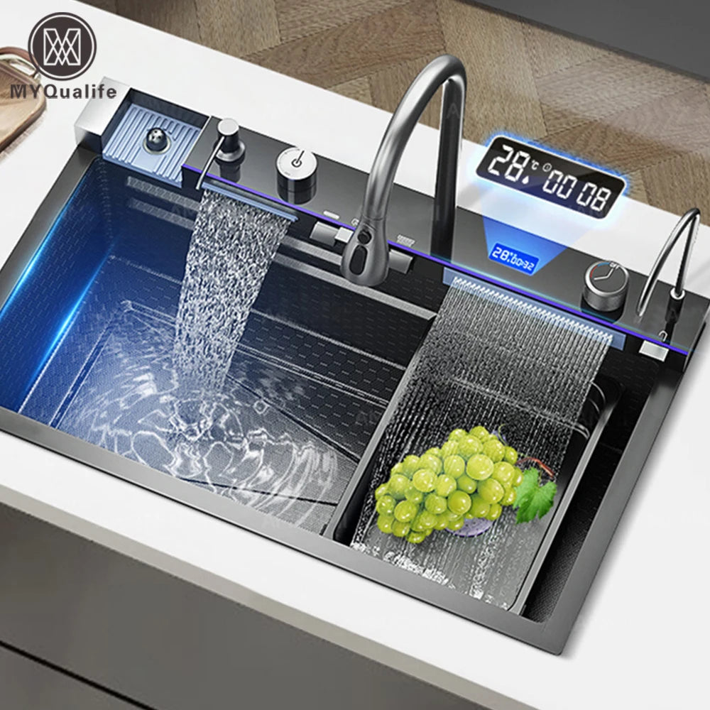 Marveloustoree 304 Stainless Steel Waterfall Kitchen Sink Large Single Slot Integrated Digital Display Faucet Set Soap Dispenser Cup Washer