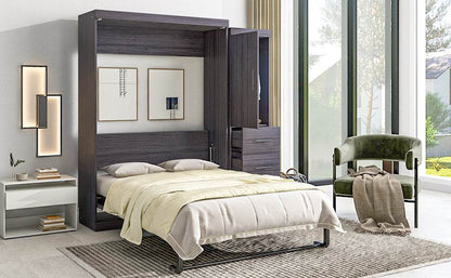 Full Size Murphy Bed with Wardrobe and Drawers, Storage Bed, can be Folded into a Cabinet, Gray - MarvelouStoree