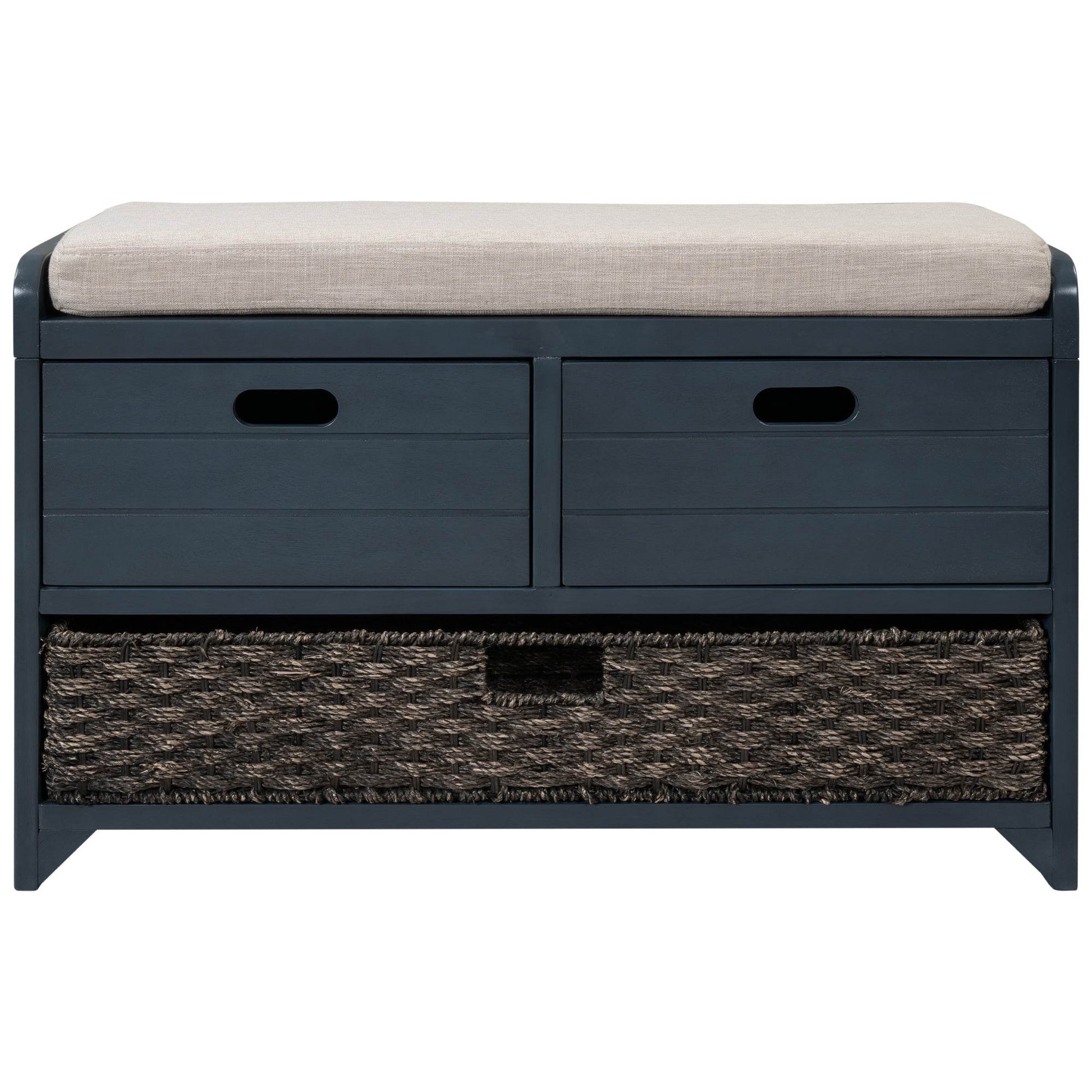 TREXM Storage Bench with Removable Basket and 2 Drawers, Fully Assembled Shoe Bench with Removable Cushion (Navy) - MarvelouStoree