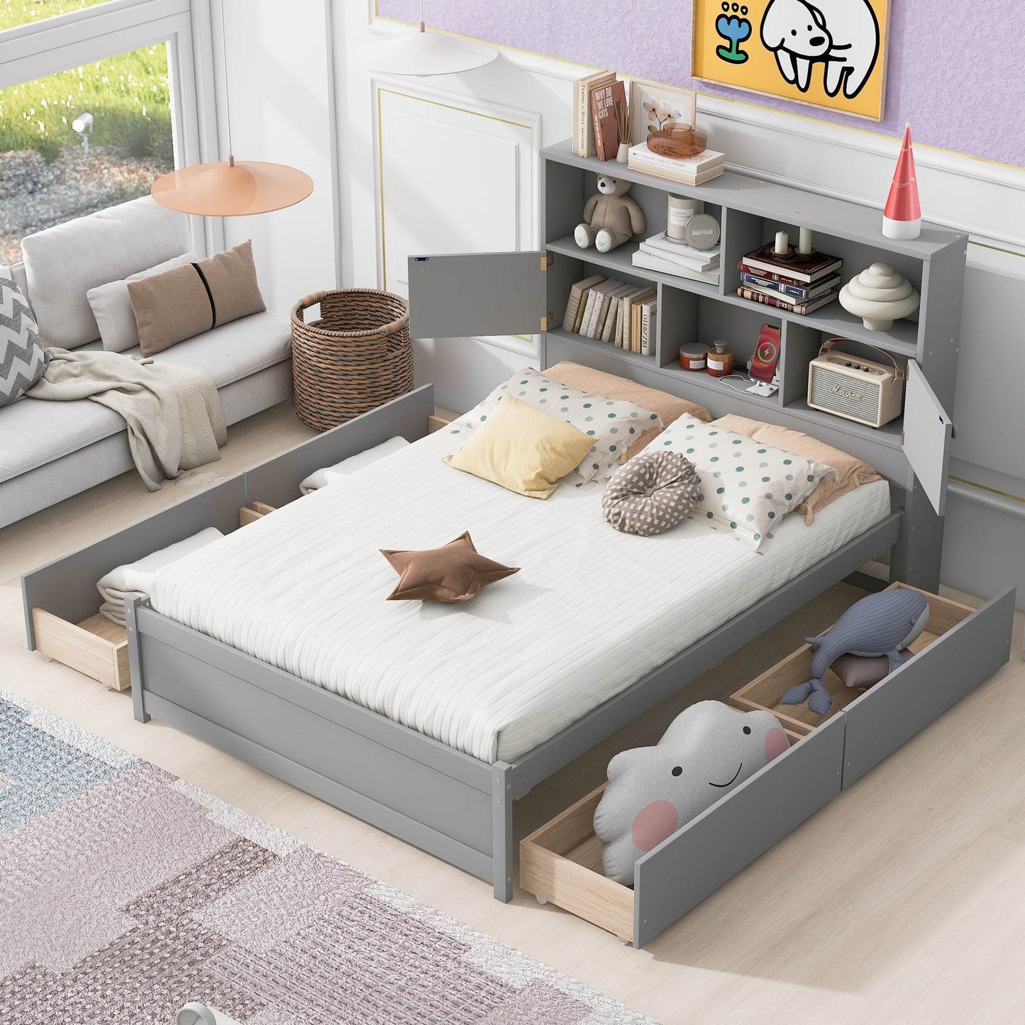 Full Size Platform Bed with Storage Headboard, Charging Station and 4 Drawers, Gray - MarvelouStoree