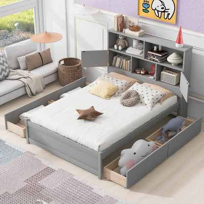 Full Size Platform Bed with Storage Headboard, Charging Station and 4 Drawers, Gray - MarvelouStoree