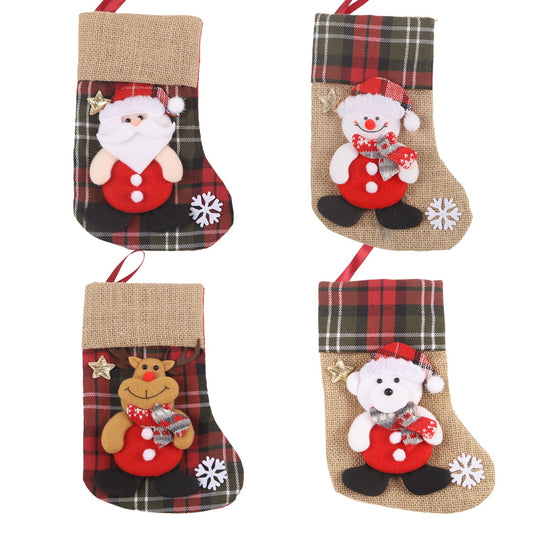 Christmas linen checkered gift bag 3D elderly snowman reindeer figurine Christmas boots pendant