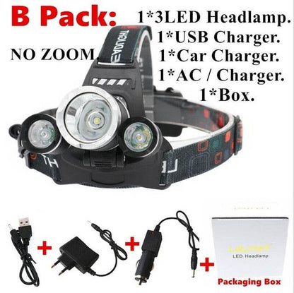 15000Lm XM-T6x3 LED Headlight ZOOM Flashlight Torch Camping Fishing Headlamp lantern Use 2*18650 battery / AC/Car/Usb/ charging - MarvelouStoree