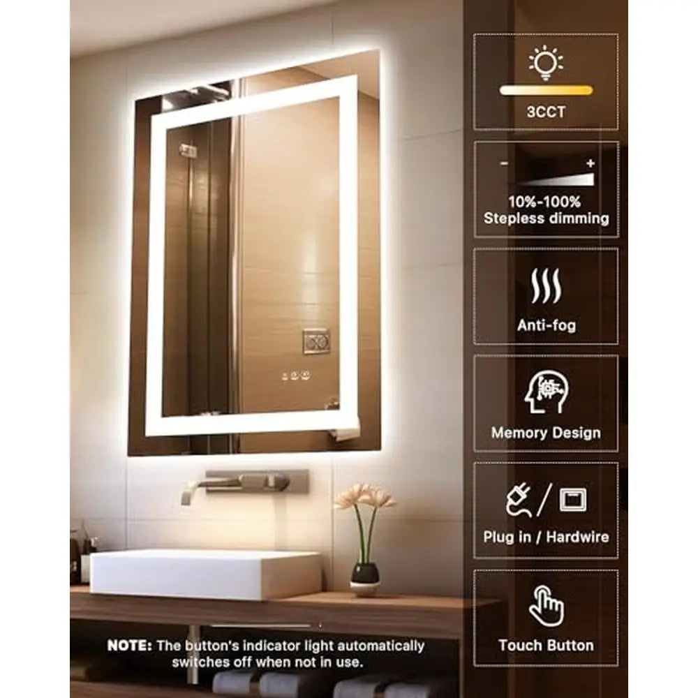 36"x 48" LED Front & Backlight Bathroom Vanity Mirror Stepless Dimmable Anti-Fog Wall Mirror