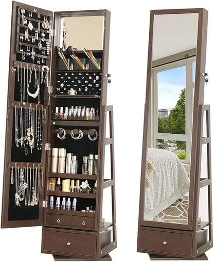 Marveloustoree 360 Swivel Full Length Mirror Jewelry Cabinet Standing With Built - 63.7 H Armoire With Mirror & 3 Drawers, Lockable Storage