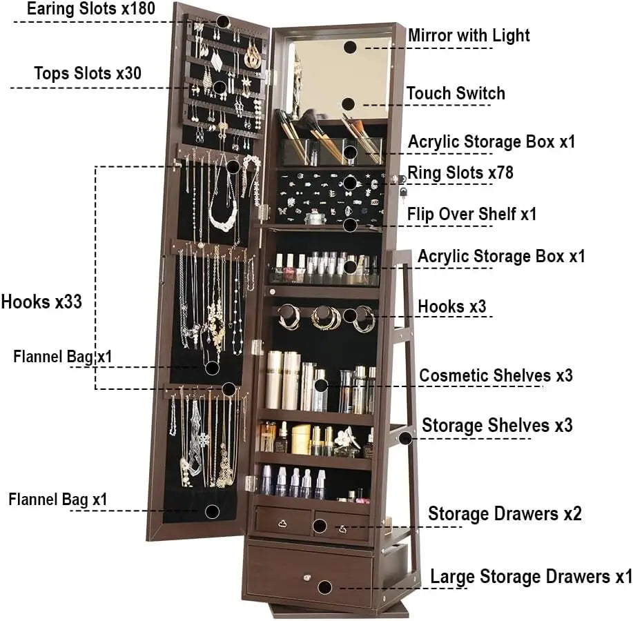 Marveloustoree 360 Swivel Full Length Mirror Jewelry Cabinet Standing With Built - 63.7 H Armoire With Mirror & 3 Drawers, Lockable Storage