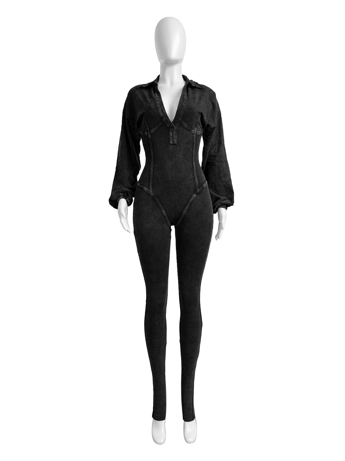 Fashionable women's washed and aged sexy deep V-tight long sleeved autumn and winter jumpsuit - MarvelouStoree