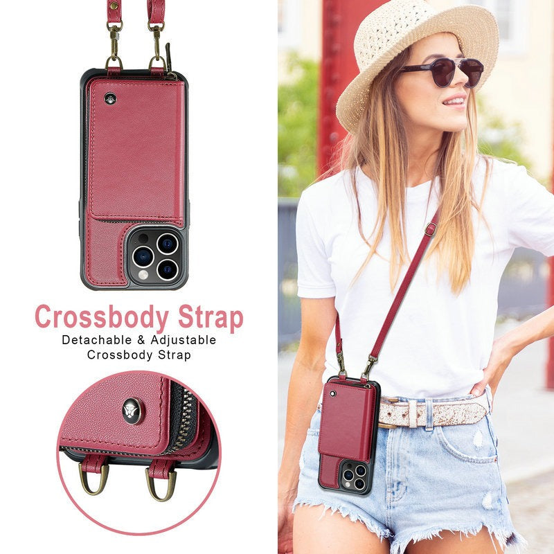 For iPhone14pro Plug-In Card 13pro Wallet Mobile Phone Case Samsung S22U Diagonal Straddle Mobile Phone Case