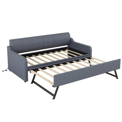 Twin Size Upholstery DayBed with Trundle and USB Charging Design Trundle can be flat or erected Gray - MarvelouStoree