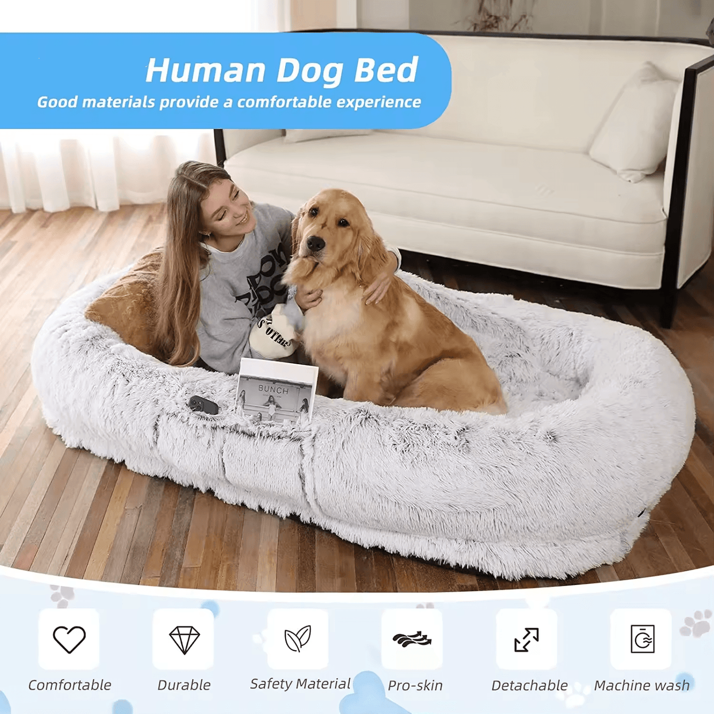 Human dog bed, size 71 inches x 40 inches x 12 inches, washable faux fur dog bed - gray - MarvelouStoree