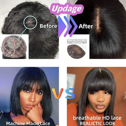 Middle Part 3X1 Hd Lace Wig Bone Straight Human Hair Wigs With Bangs Short Bob Wigs Full Machine Made Short Bob Human Hair Wigs - MarvelouStoree