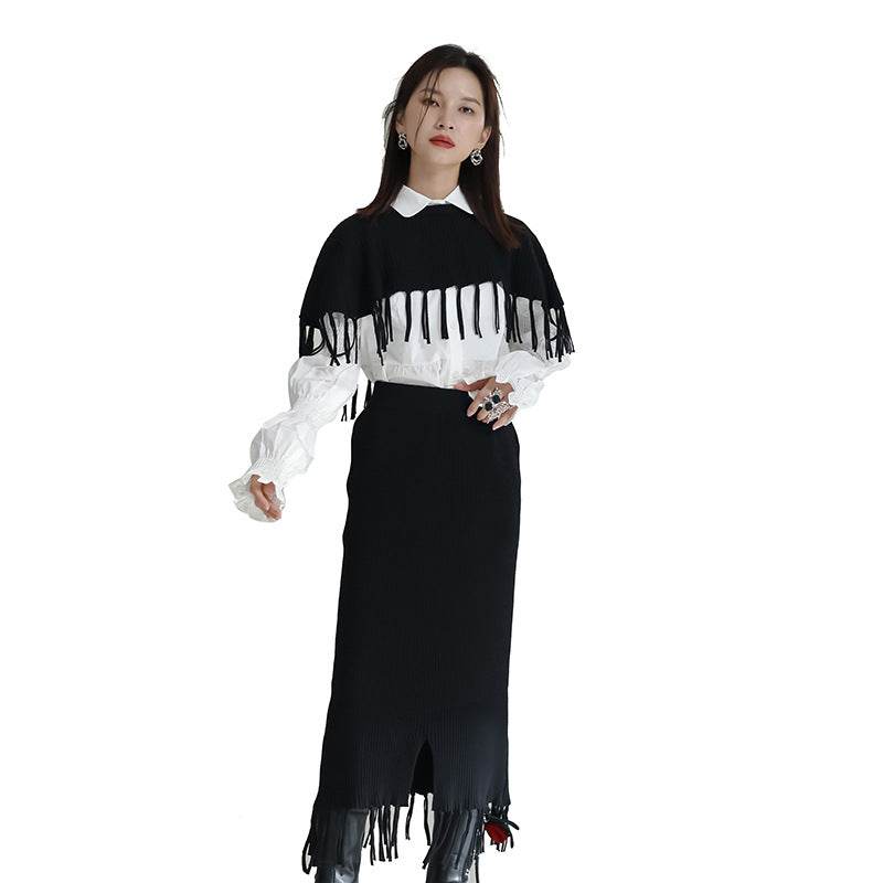 Black Tassels Shawl Half-body Skirt Two Pieces Suit New Round Neck Casual Women - MarvelouStoree