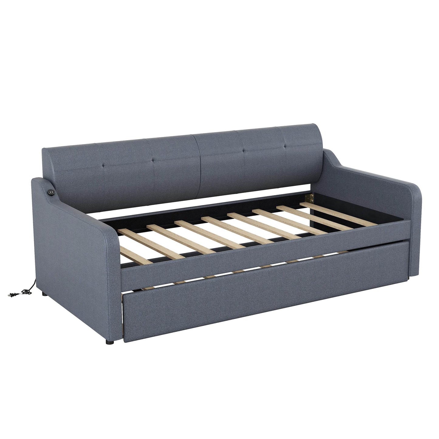 Twin Size Upholstery DayBed with Trundle and USB Charging Design Trundle can be flat or erected Gray - MarvelouStoree