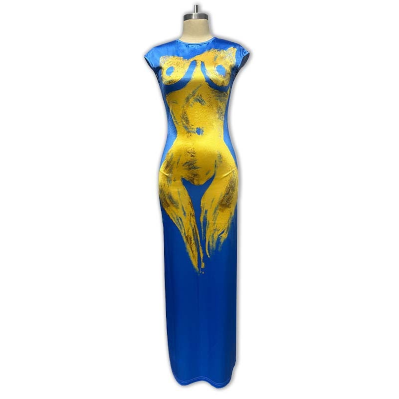 European and American style women's fashionable round neck body 3D printed backless evening dress