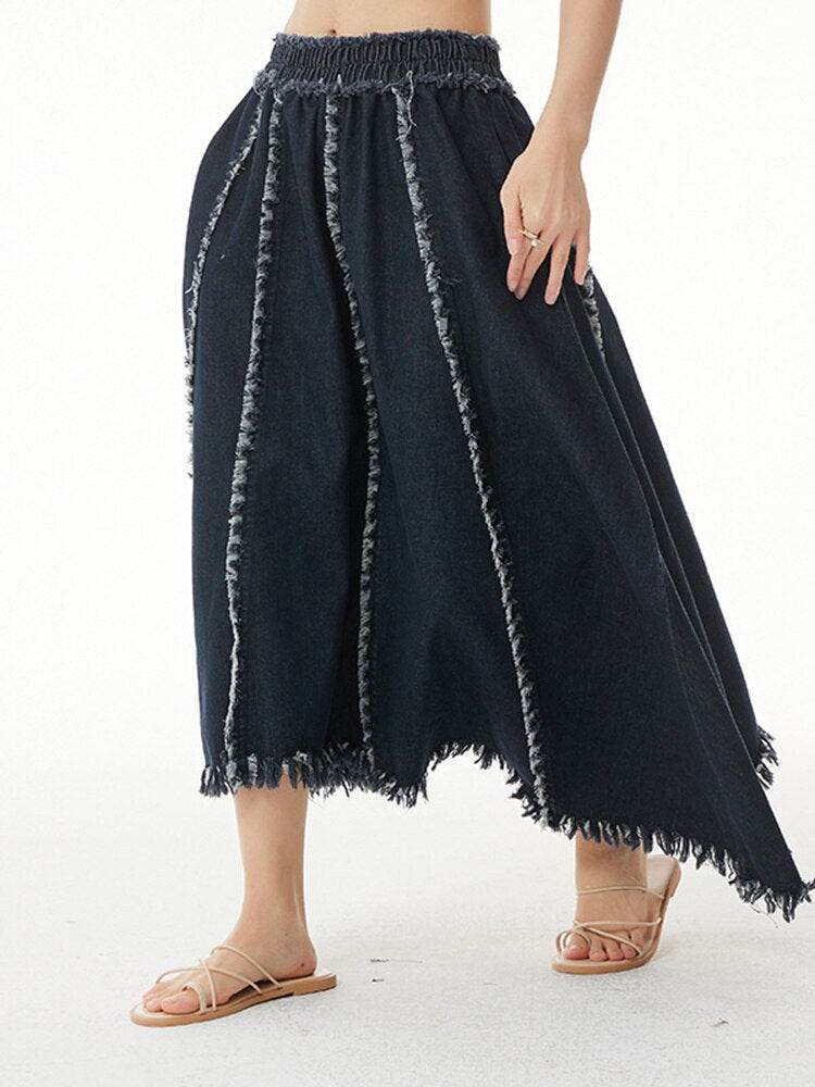 High Elastic Waist Blue Irreuglar Burr Long Casual Half-body Skirt Women Fashion New Spring Autumn - MarvelouStoree