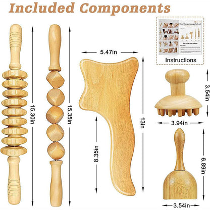 Beech wood therapy scraping cup, meridian dredging roller, tendon rolling stick, scraping board, head massager, massage set - MarvelouStoree