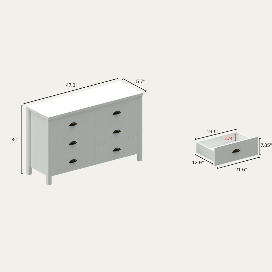 SAFARI 6-drawer main dressing table with interlocking drawer function, easy to assemble, classic white color