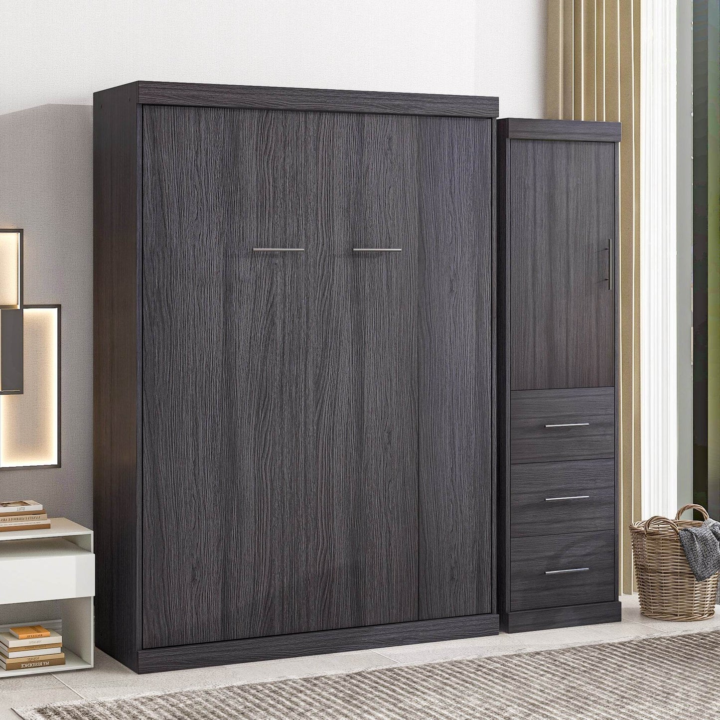 Full Size Murphy Bed with Wardrobe and Drawers, Storage Bed, can be Folded into a Cabinet, Gray - MarvelouStoree