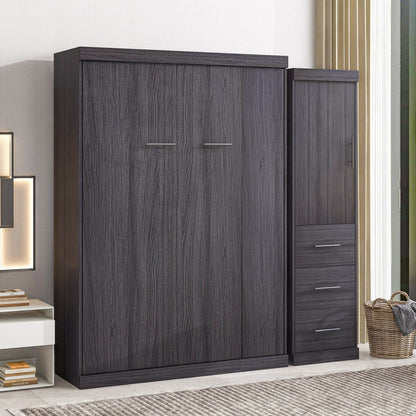 Full Size Murphy Bed with Wardrobe and Drawers, Storage Bed, can be Folded into a Cabinet, Gray - MarvelouStoree