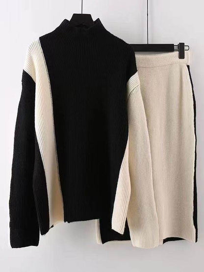 Two Pieces Suit Half-body Skirt Black Knitting Sweater Big Size Turtleneck Women - MarvelouStoree